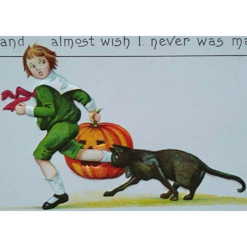 Vintage Halloween Postcard JEP Series 63 F Black Cat Boy Original Unused Stecher